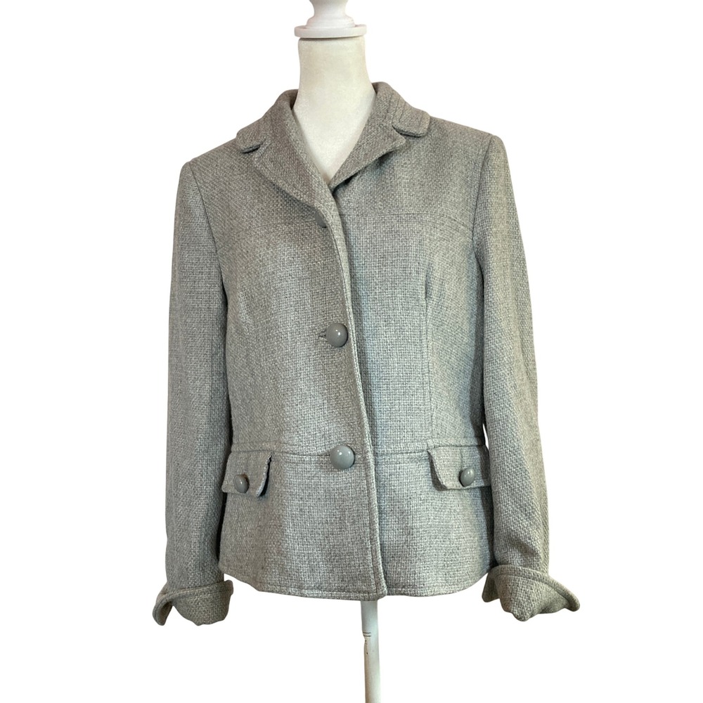Talbots Tweed Blazer Gray Button Front Office Neutral Pockets Wool (Size 12P)